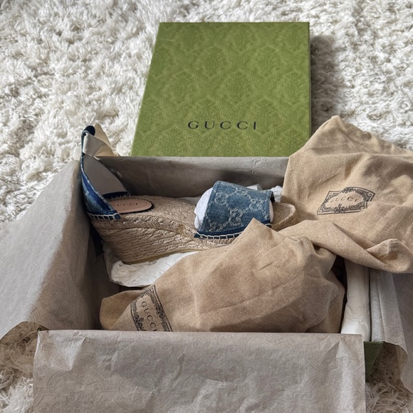 Gucci Blue Denim GG Logo Espadrille Wedges with Jute Heel - Picture 2 of 10